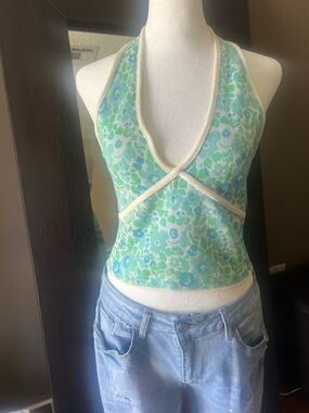Zara Green and Aqua Floral Halter Tank with Ivory Trim